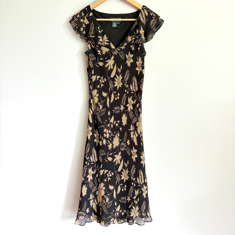 Lauren Ralph Lauren Floral Silk Dress Size 8 Ruffle Flutter Sleeve Black Tan
